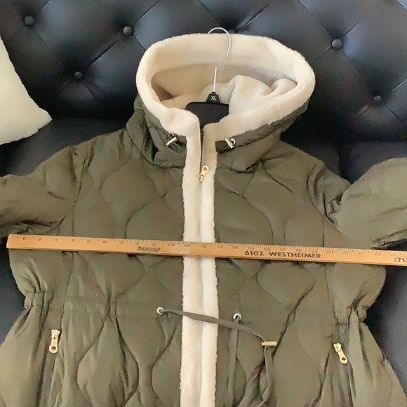 kate spade New York Faux Shearling Trim Down & Feather Fill Coat in Olive XL - Picture 13 of 13